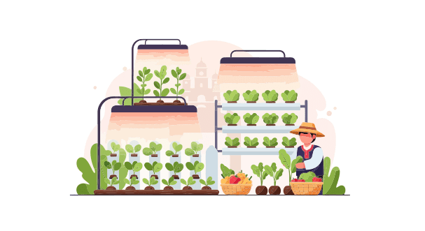 LED植物育成ラックが並ぶ植物工場のイラスト