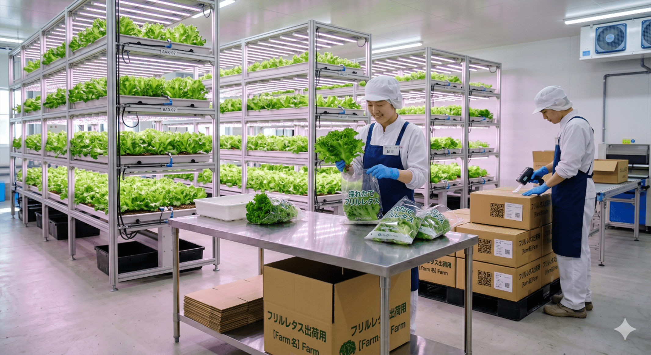 LEDと土耕を組み合わせた植物工場でレタスを収穫・出荷する様子