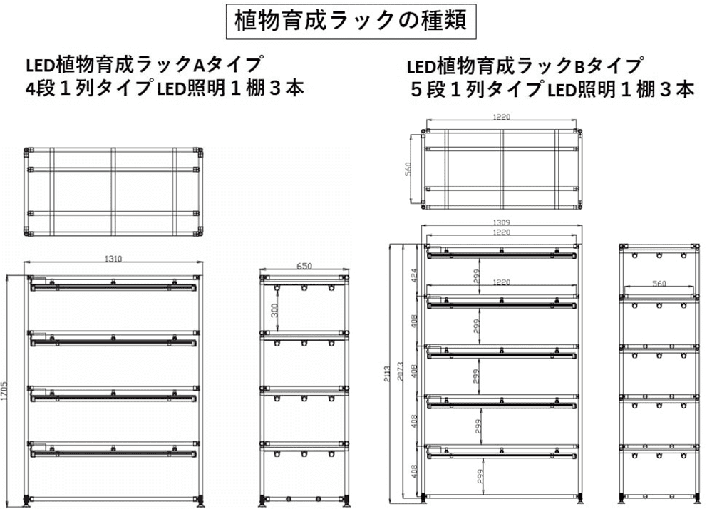 LED植物育成ラックAタイプ（4段1列・LED照明1棚3本）とBタイプ（5段1列・LED照明1棚3本）の寸法図