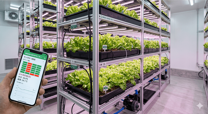 LED植物育成ラックとスマートフォンで管理画面を確認する様子